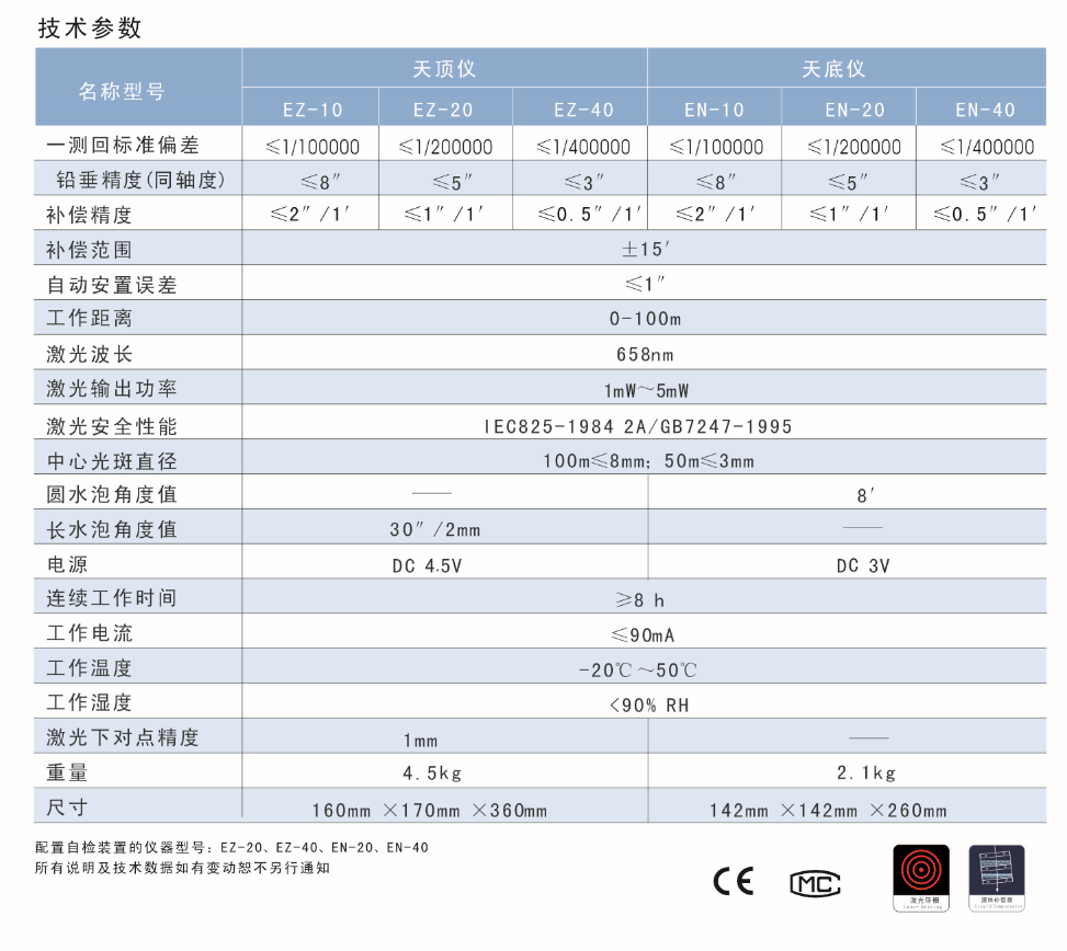 EZ-10、EZ-20、EZ-40激光自動(dòng)安平天頂儀/上垂準(zhǔn)儀技術(shù)參數(shù)